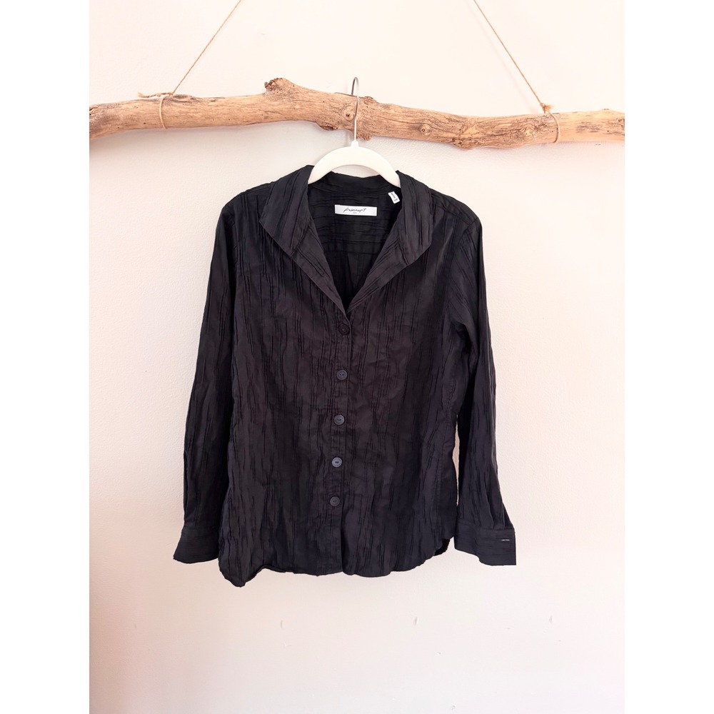 Foxcroft NYC Black Crinkle Texture Button Down Shirt Petite 12P Long Sleeve
